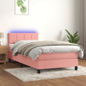 Cama box spring colchón y LED terciopelo rosa 80x200