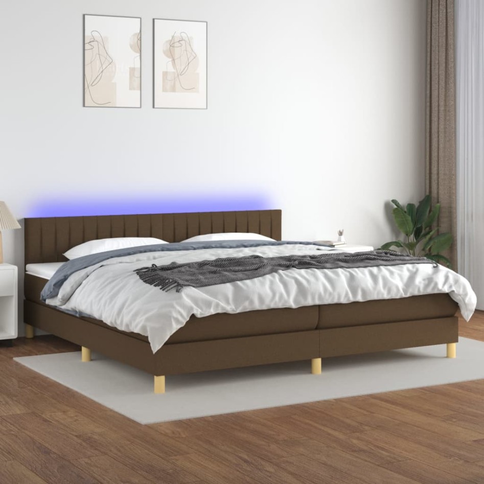 Cama box spring con colchón LED tela marrón oscuro 200x200