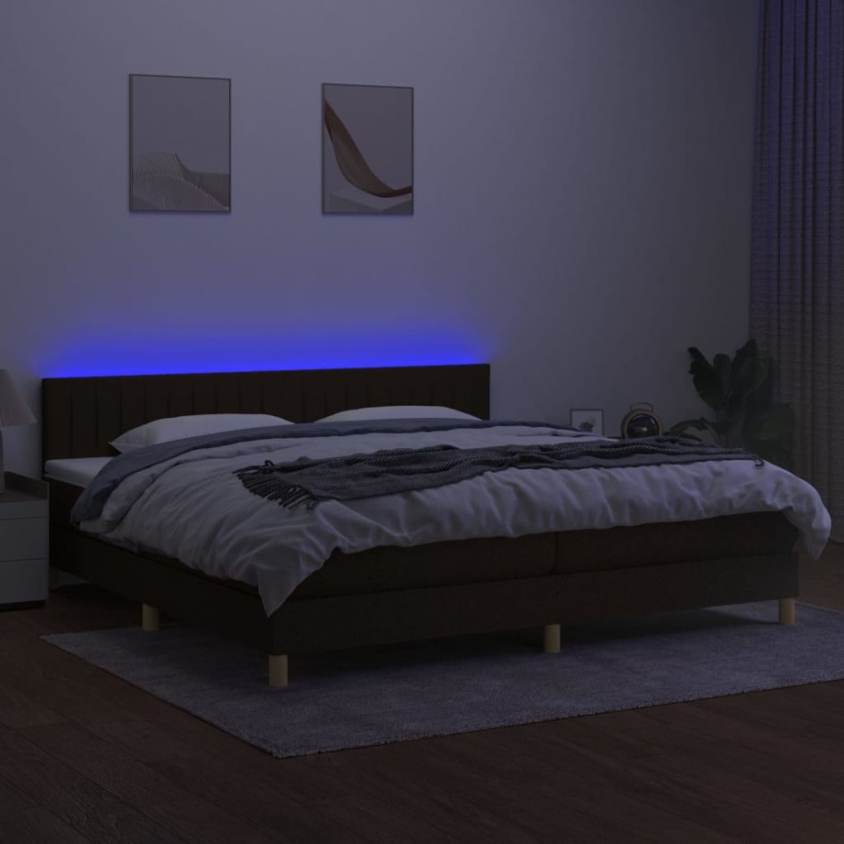 Cama box spring con colchón LED tela marrón oscuro 200x200