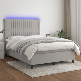 Cama box spring colchón y luces LED tela gris claro 140x190