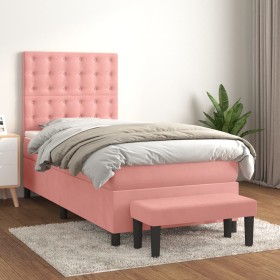 Cama box spring con colchón terciopelo rosa 90x200