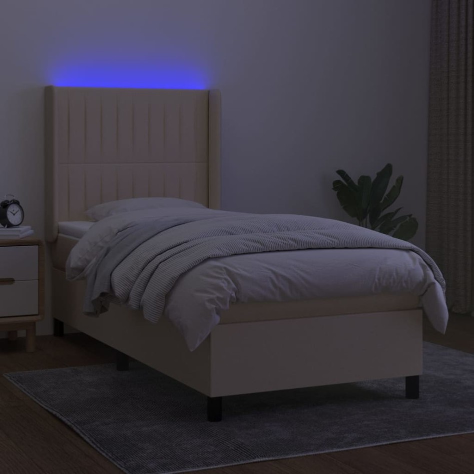 Cama box spring colchón y luces LED tela crema 100x200