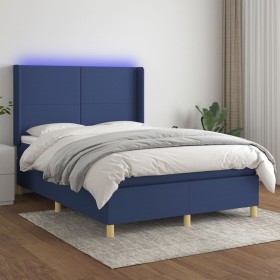 Cama box spring colchón y luces LED tela azul 140x190