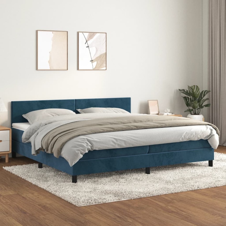 Cama box spring con colchón terciopelo azul oscuro 200x200