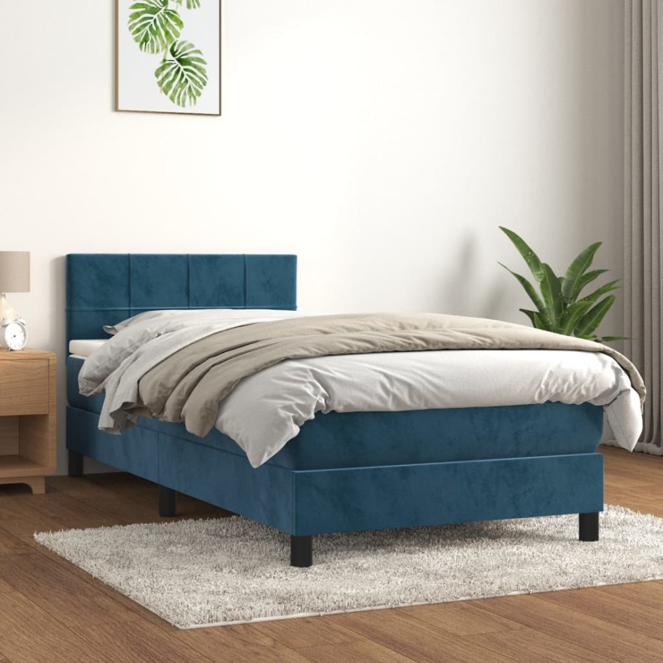 Cama box spring con colchón terciopelo azul oscuro 90x190
