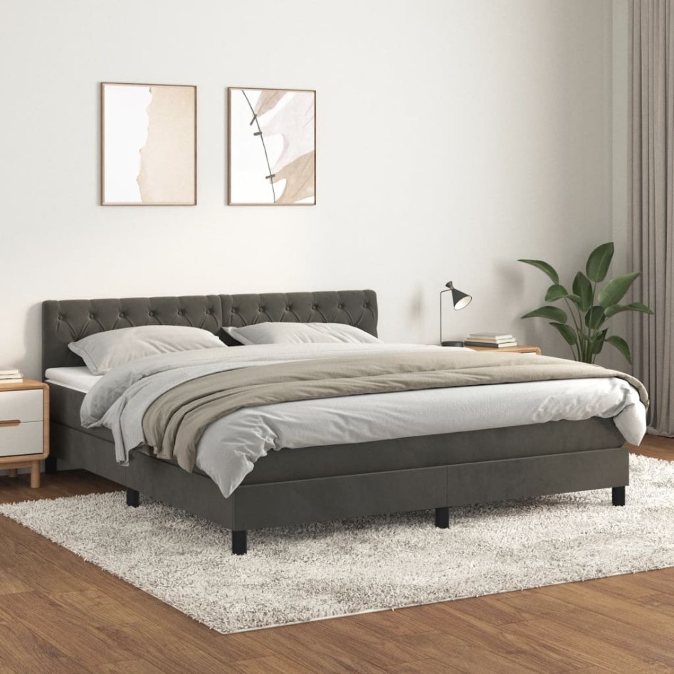 Cama box spring con colchón terciopelo gris oscuro 160x200