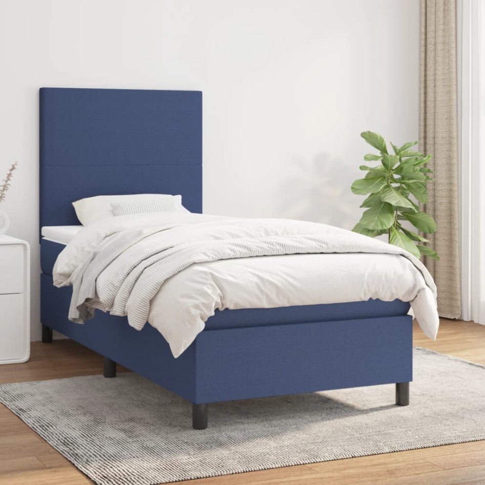 Cama box spring con colchón tela azul 90x190