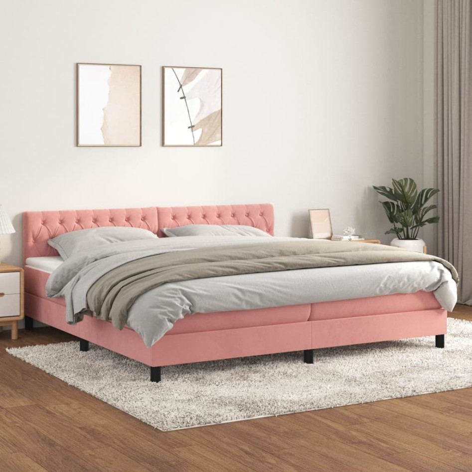 Cama box spring con colchón terciopelo rosa 200x200