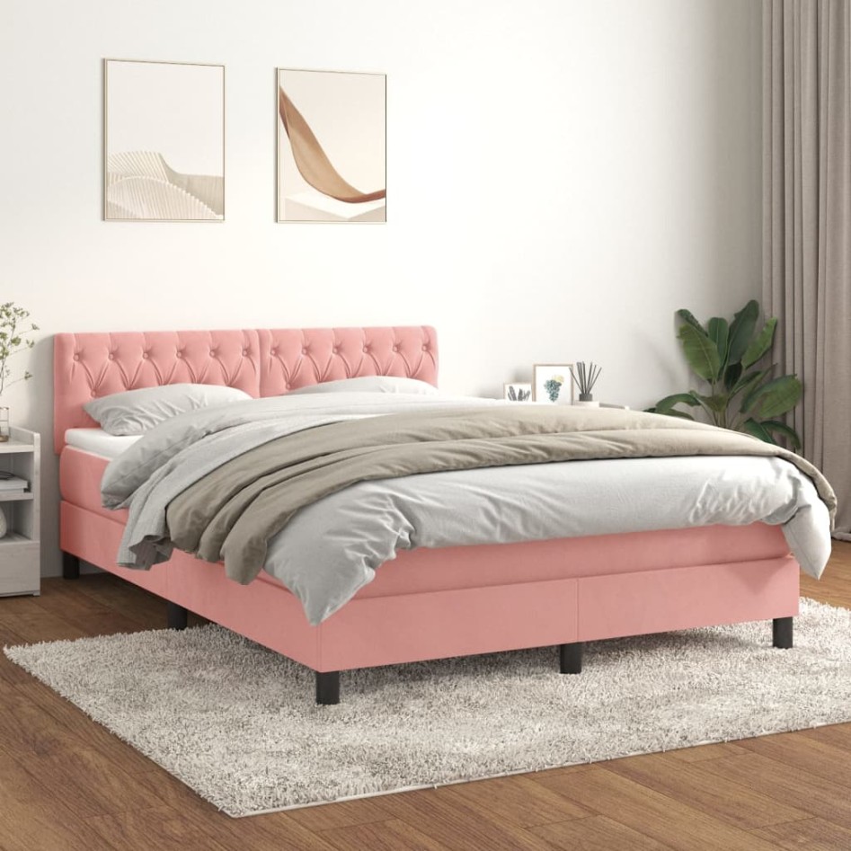 Cama box spring con colchón terciopelo rosa 140x200