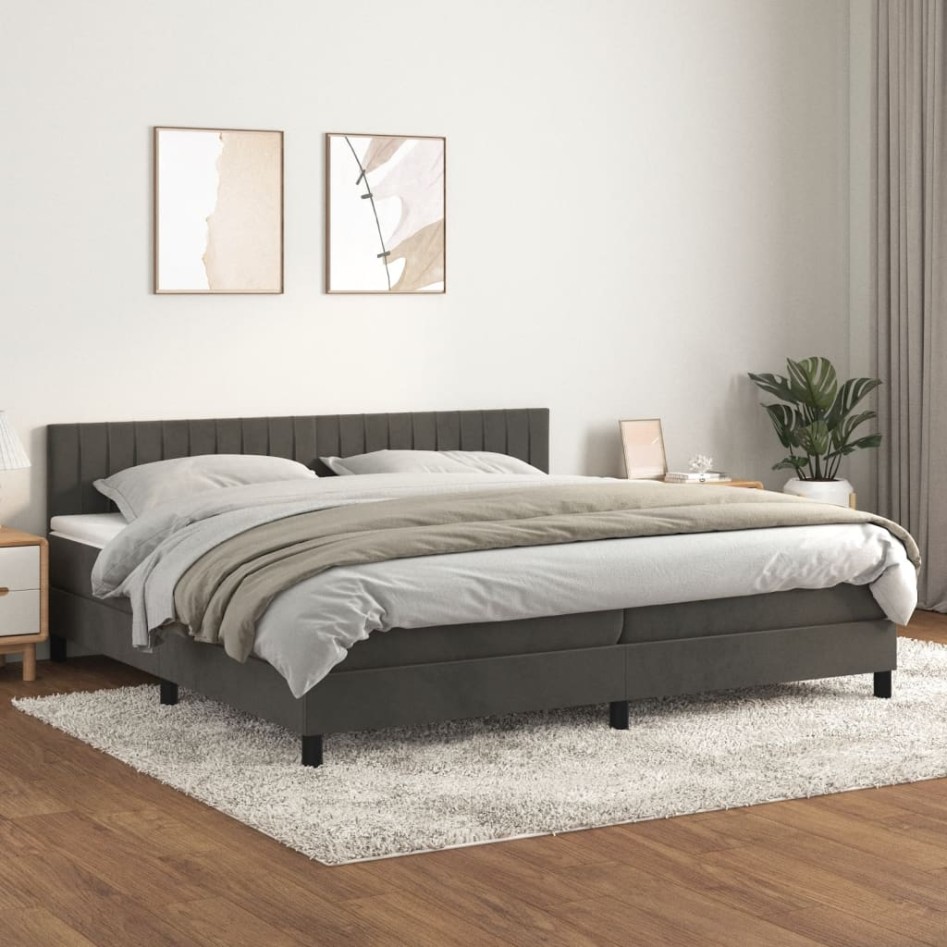 Cama box spring con colchón terciopelo gris oscuro 200x200