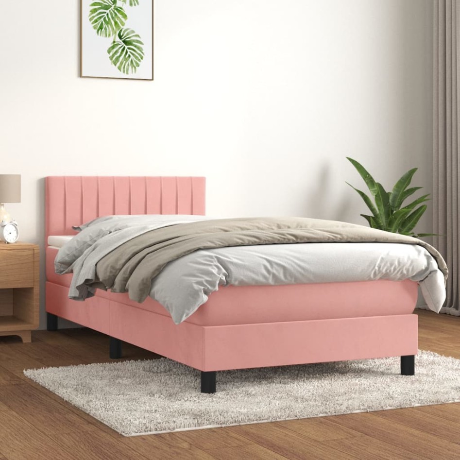 Cama box spring con colchón terciopelo rosa 80x200
