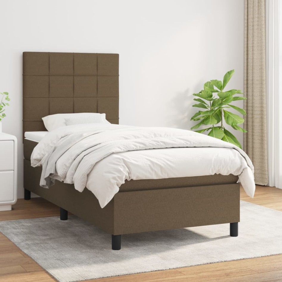 Cama box spring con colchón tela marrón oscuro 90x190
