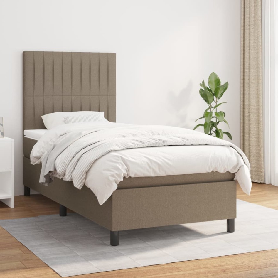 Cama box spring con colchón tela gris taupe 100x200