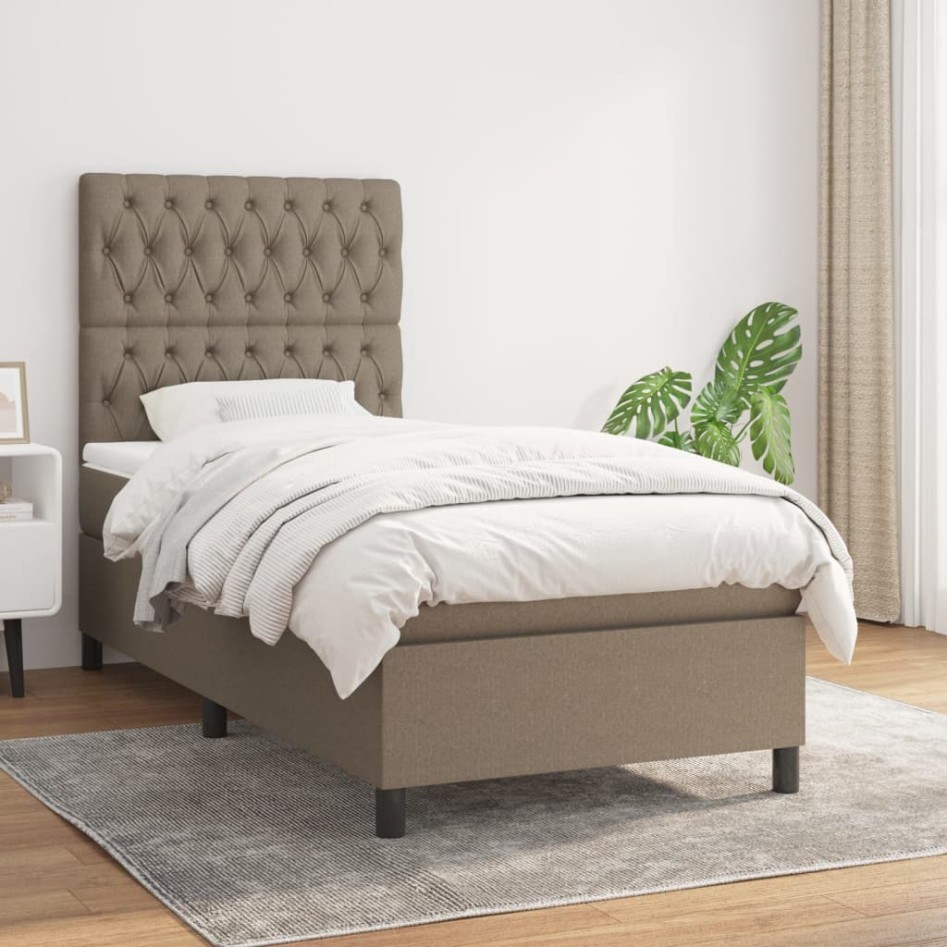 Cama box spring con colchón tela gris taupe 90x190