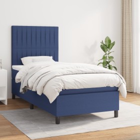 Cama box spring con colchón tela azul 90x190