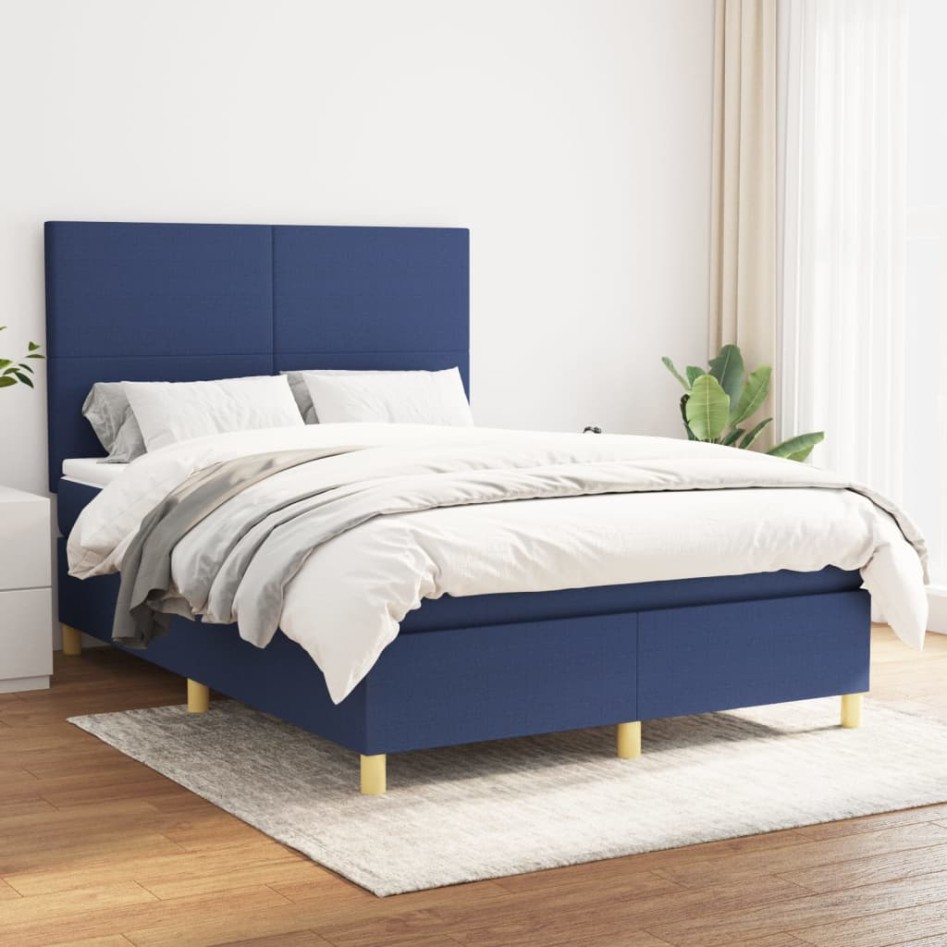 Cama box spring con colchón tela azul 140x190