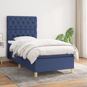 Cama box spring con colchón tela azul 80x200
