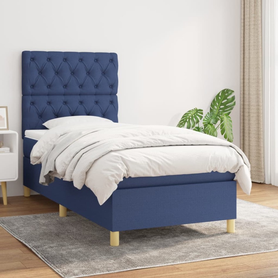 Cama box spring con colchón tela azul 80x200