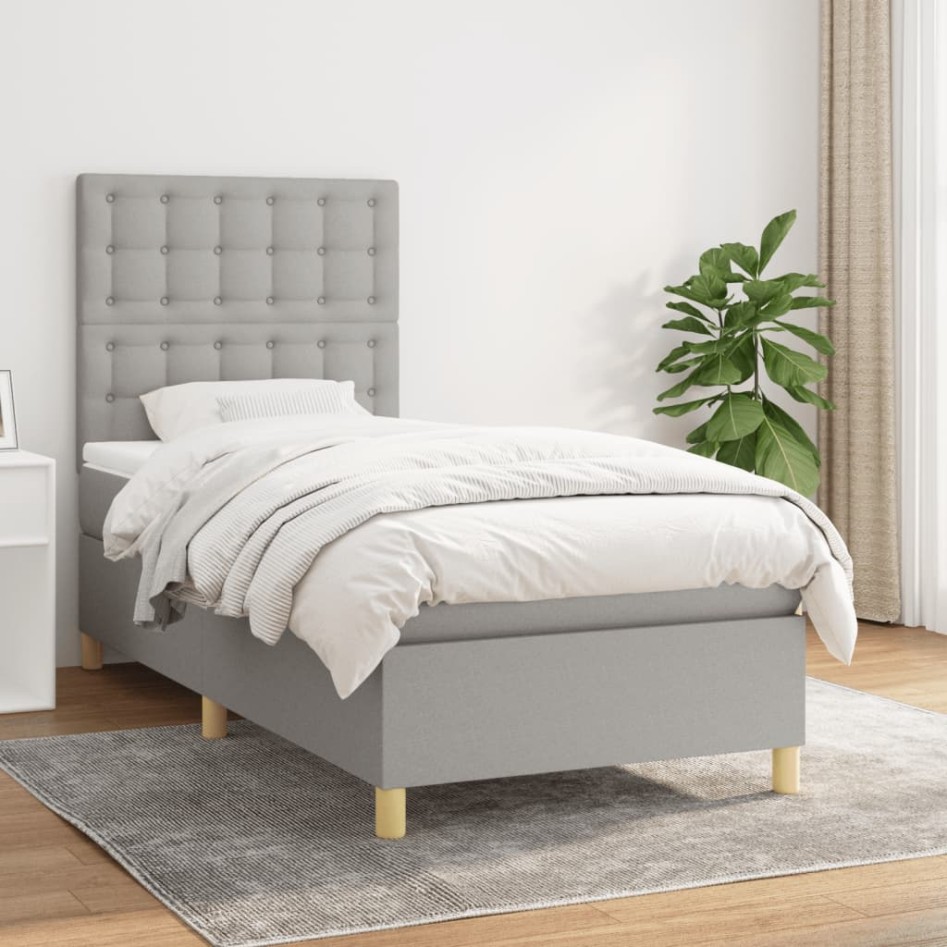 Cama box spring con colchón tela gris claro 100x200