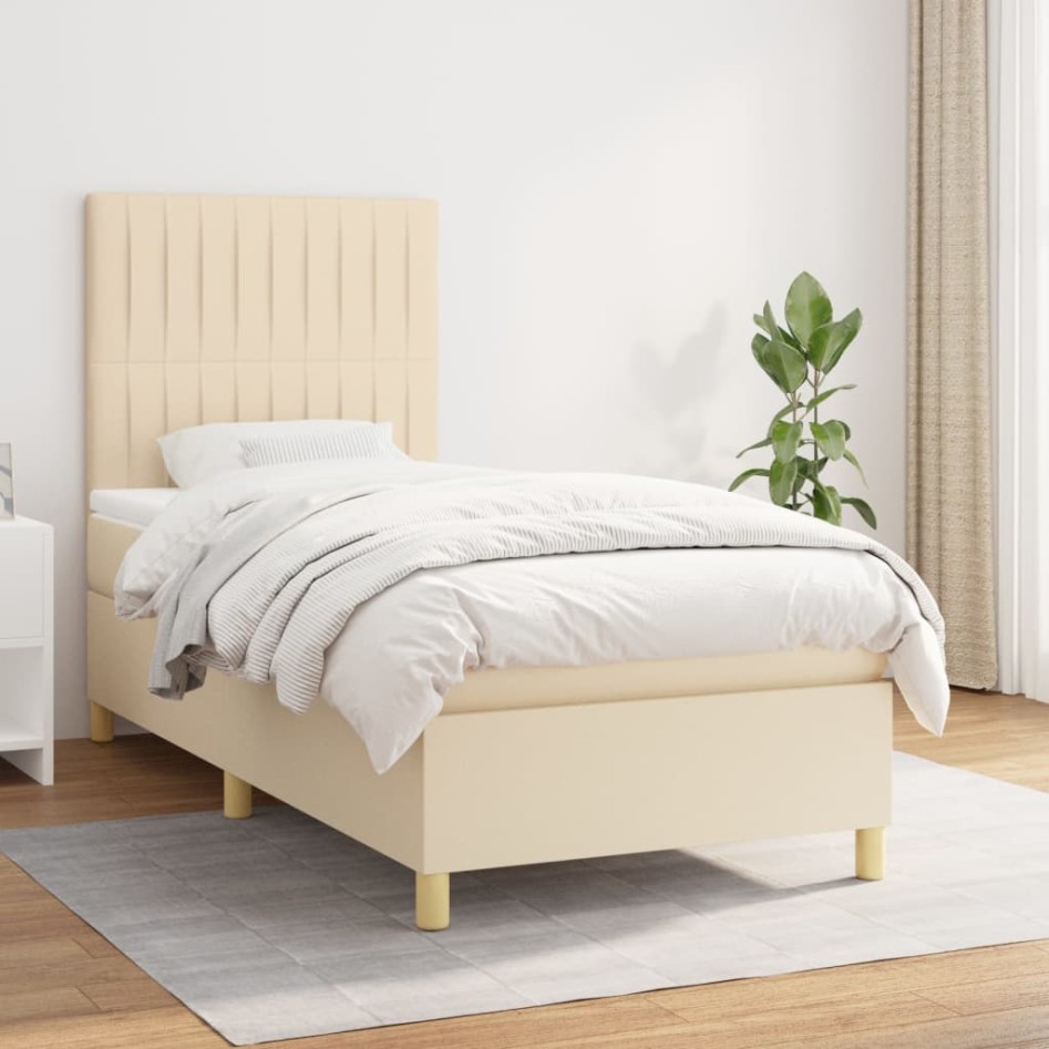 Cama box spring con colchón tela color crema 90x200