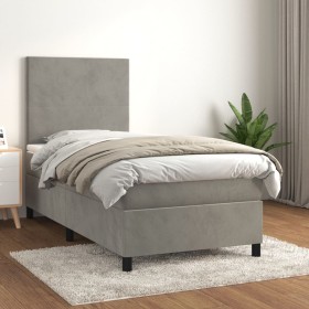 Cama box spring con colchón terciopelo gris claro 100x200
