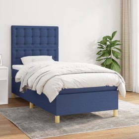 Cama box spring con colchón tela azul 90x200