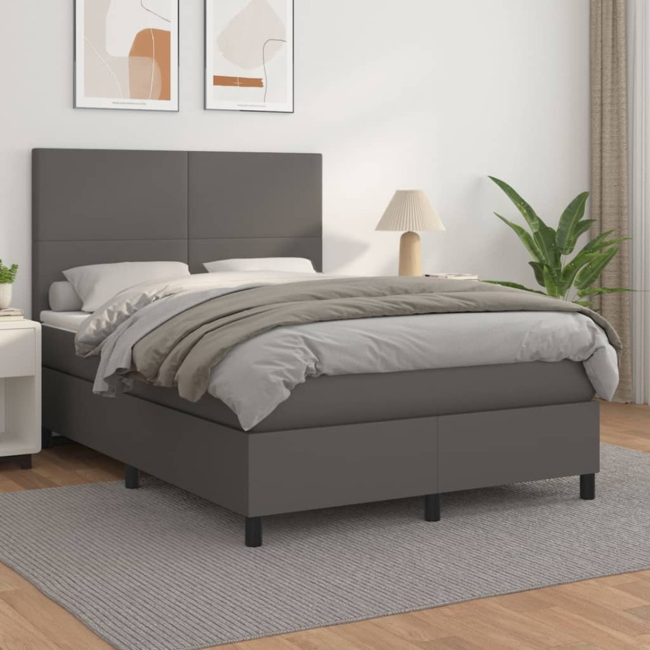 Cama box spring con colchón cuero sintético gris 140x200