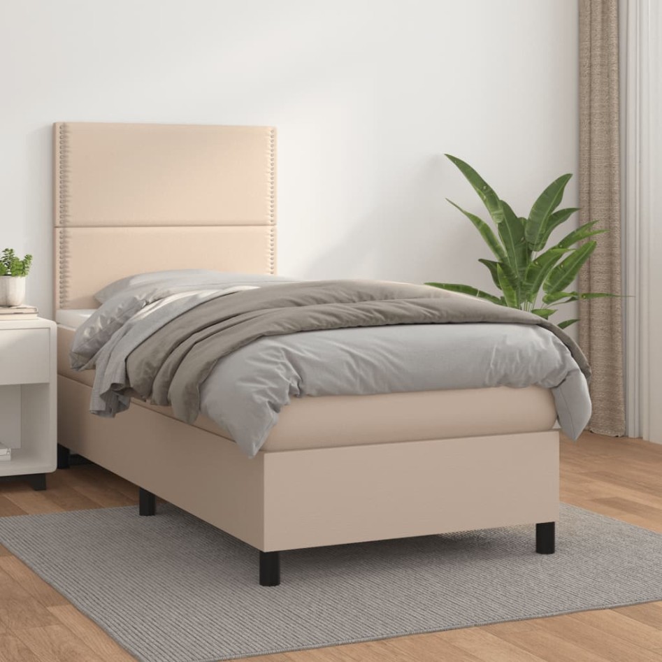 Cama box spring con colchón cuero sintético capuchino 90x190