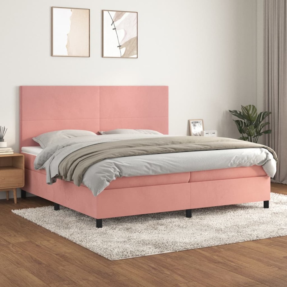 Cama box spring con colchón terciopelo rosa 200x200