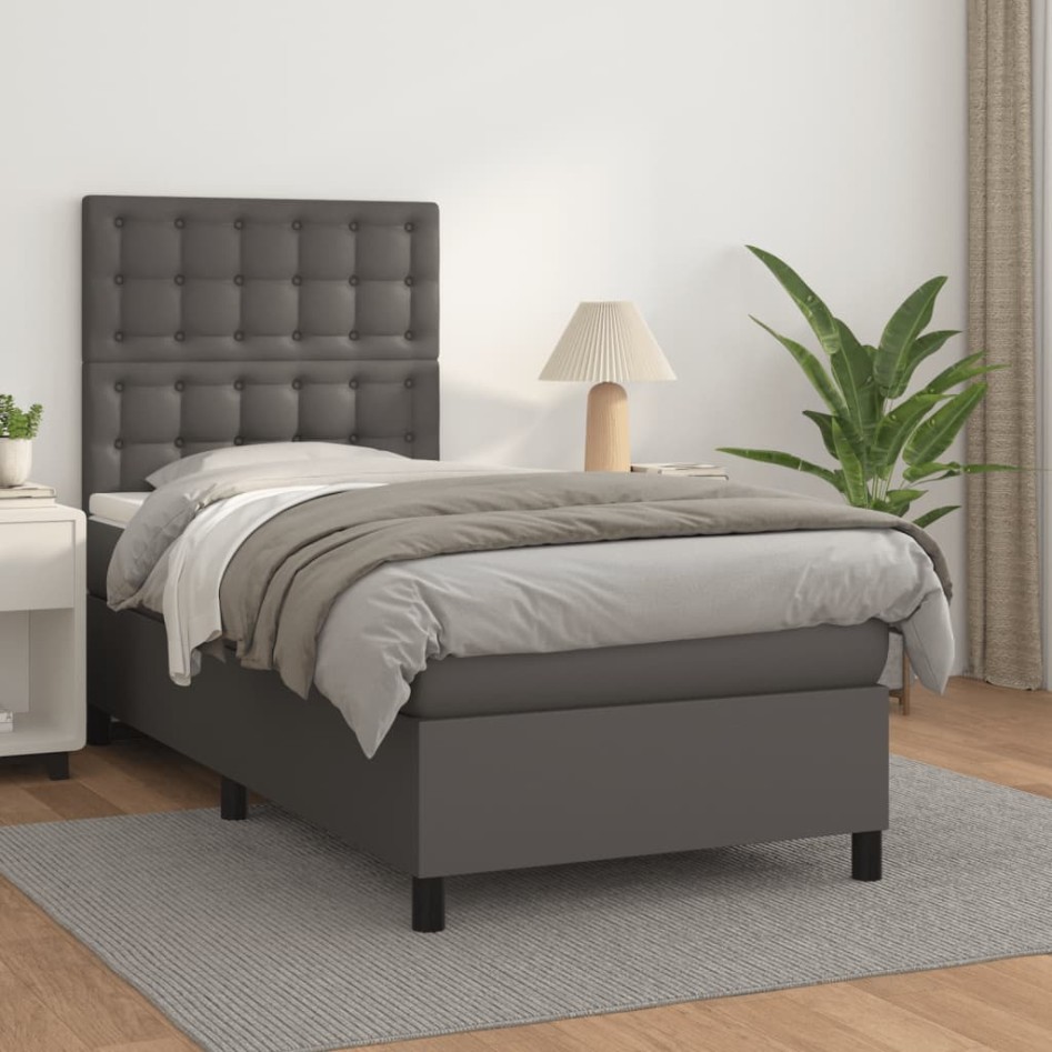 Cama box spring con colchón cuero sintético gris 80x200