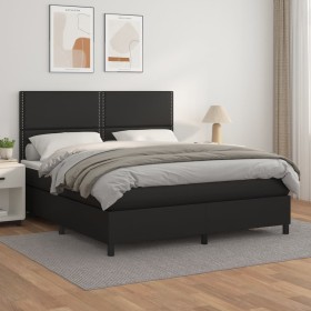Cama box spring con colchón cuero sintético negro 180x200