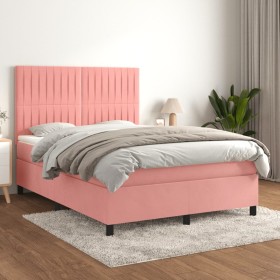 Cama box spring con colchón terciopelo rosa 140x200