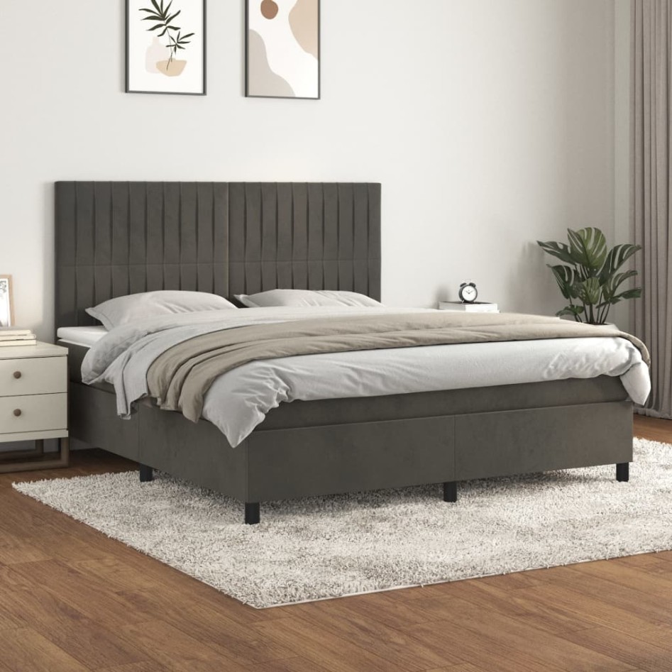 Cama box spring con colchón terciopelo gris oscuro 160x200