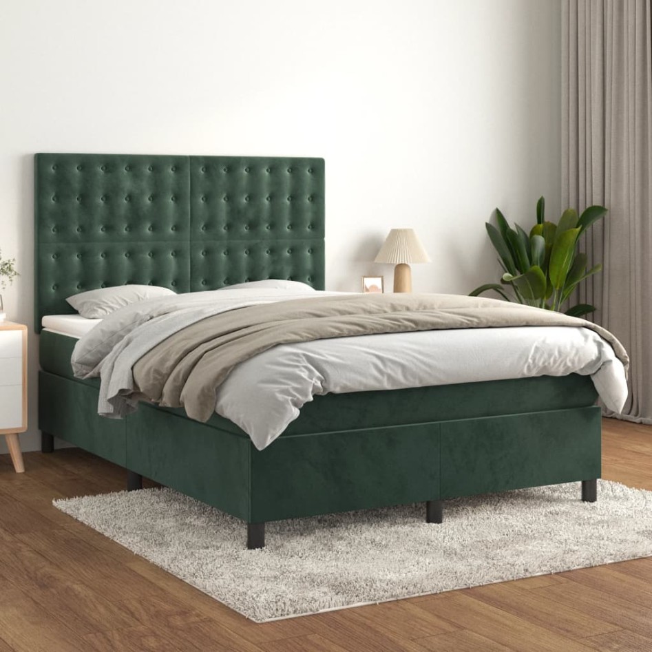 Cama box spring con colchón terciopelo verde oscuro 140x200