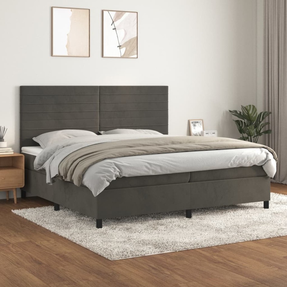 Cama box spring con colchón terciopelo gris oscuro 200x200