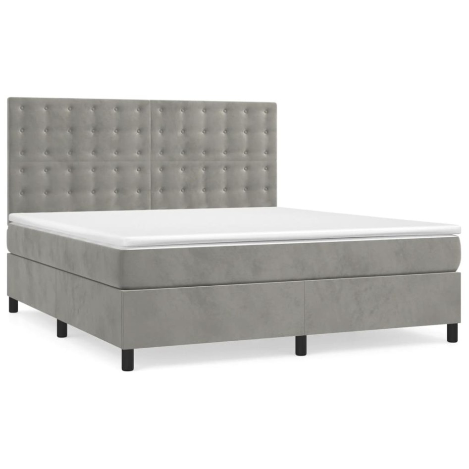 Cama box spring con colchón terciopelo gris claro 180x200
