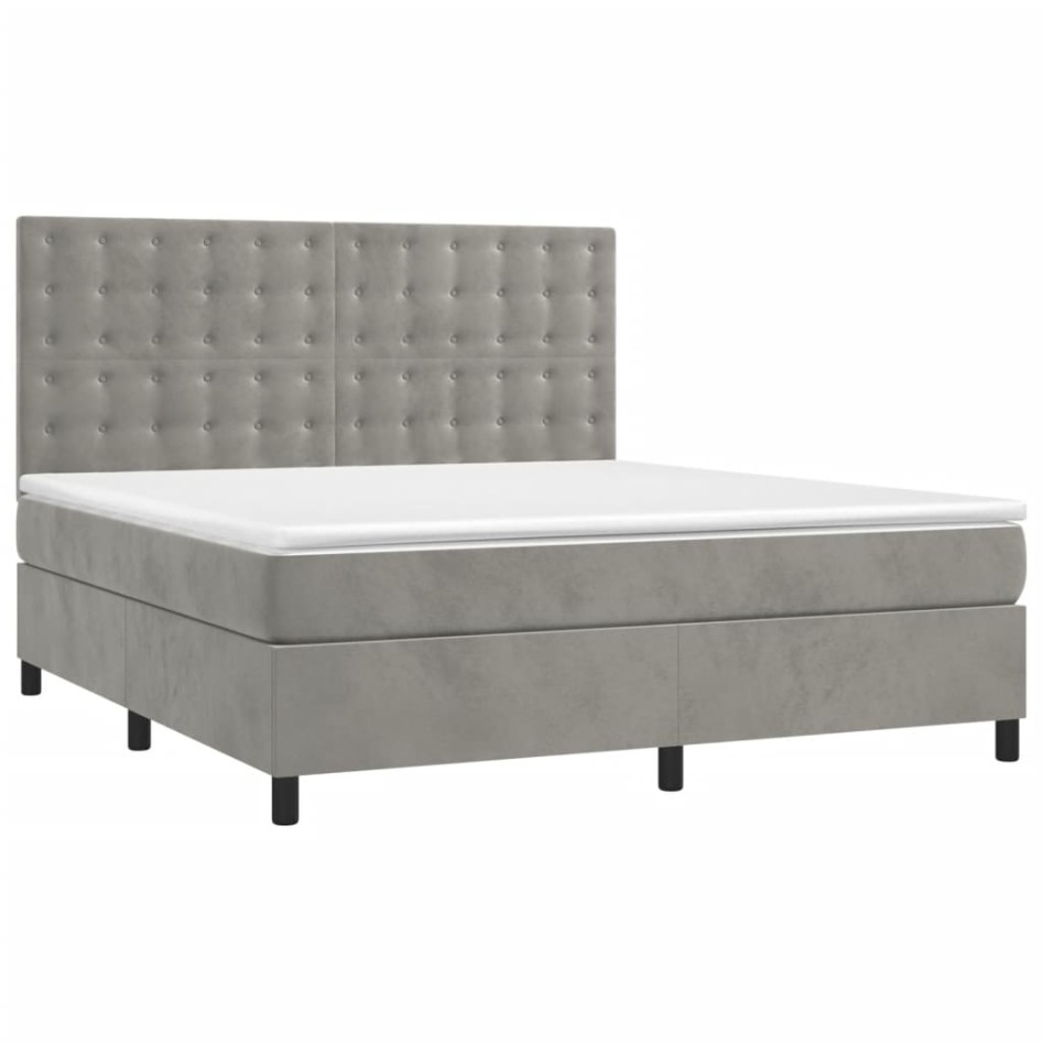 Cama box spring con colchón terciopelo gris claro 180x200