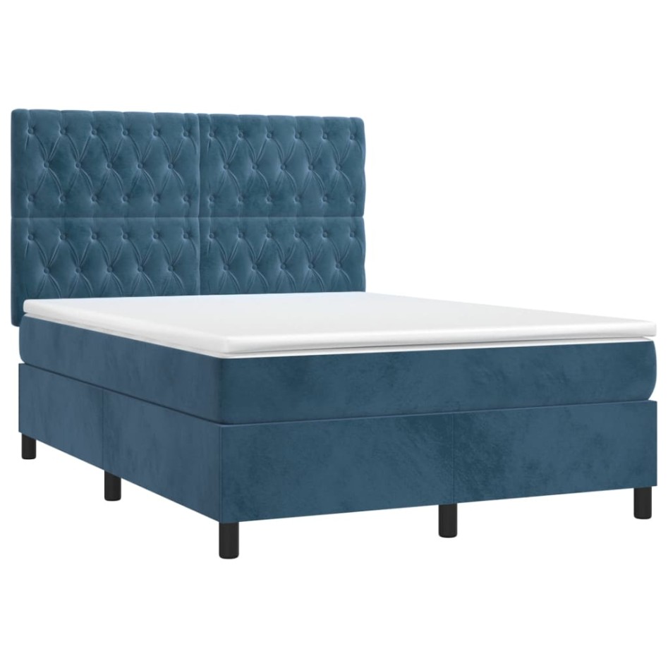 Cama box spring con colchón terciopelo azul oscuro 140x200