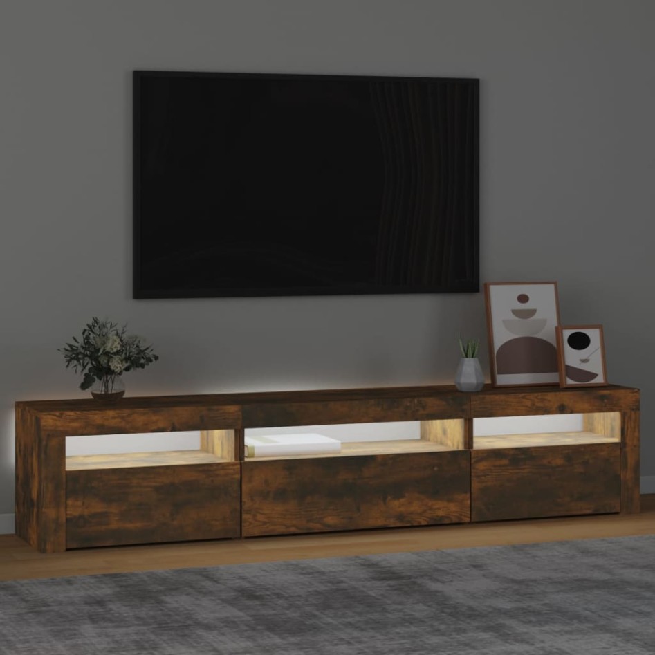 Mueble de TV con luces LED roble ahumado 195x35x40