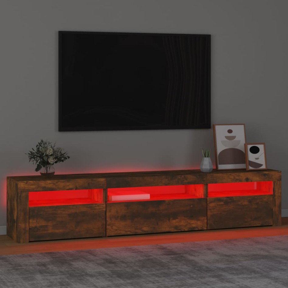 Mueble de TV con luces LED roble ahumado 195x35x40