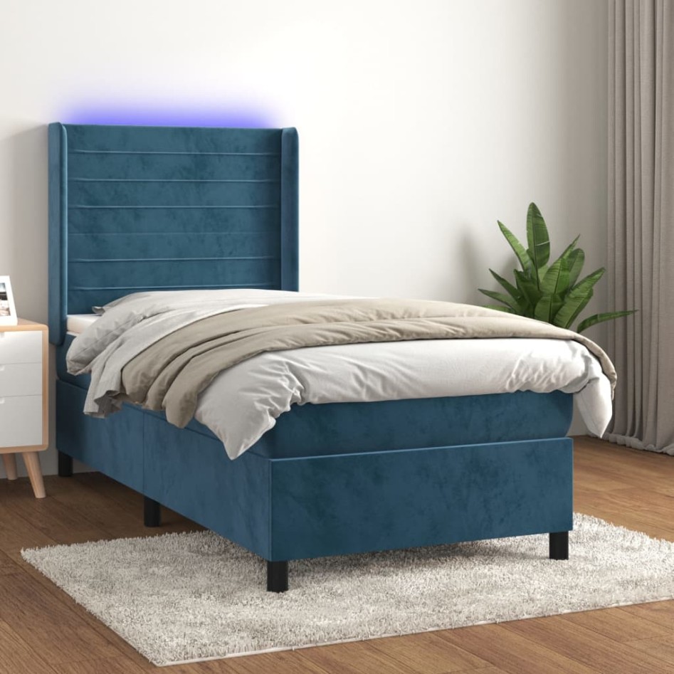 Cama box spring colchón y LED terciopelo azul oscuro 90x190