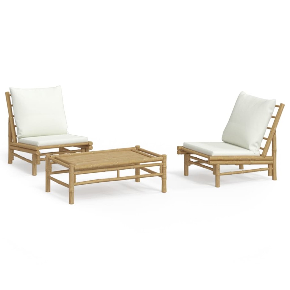 Set de muebles de jardín 3 piezas bambú y cojines blanco