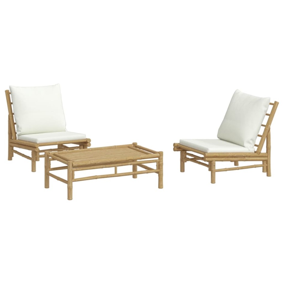 Set de muebles de jardín 3 piezas bambú y cojines blanco
