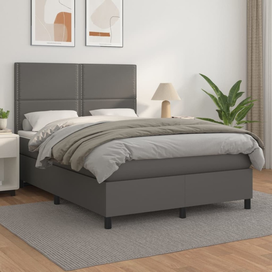 Cama box spring con colchón cuero sintético gris 140x190