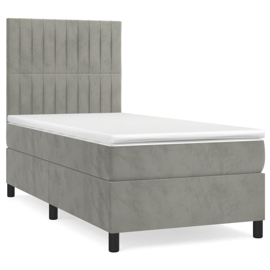 Cama box spring con colchón terciopelo gris claro 100x200