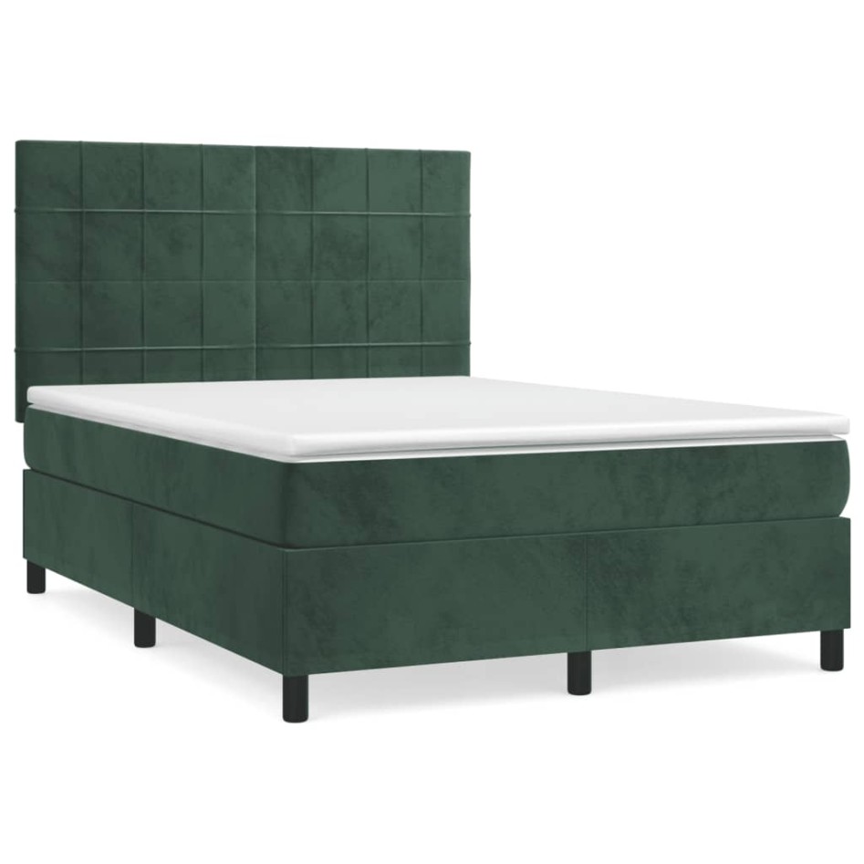 Cama box spring con colchón terciopelo verde oscuro 140x190
