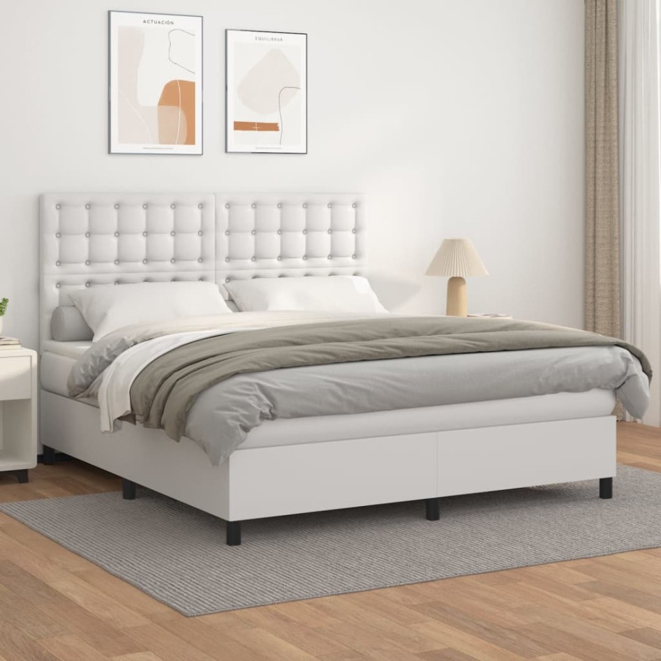 Cama box spring con colchón cuero sintético blanco 180x200