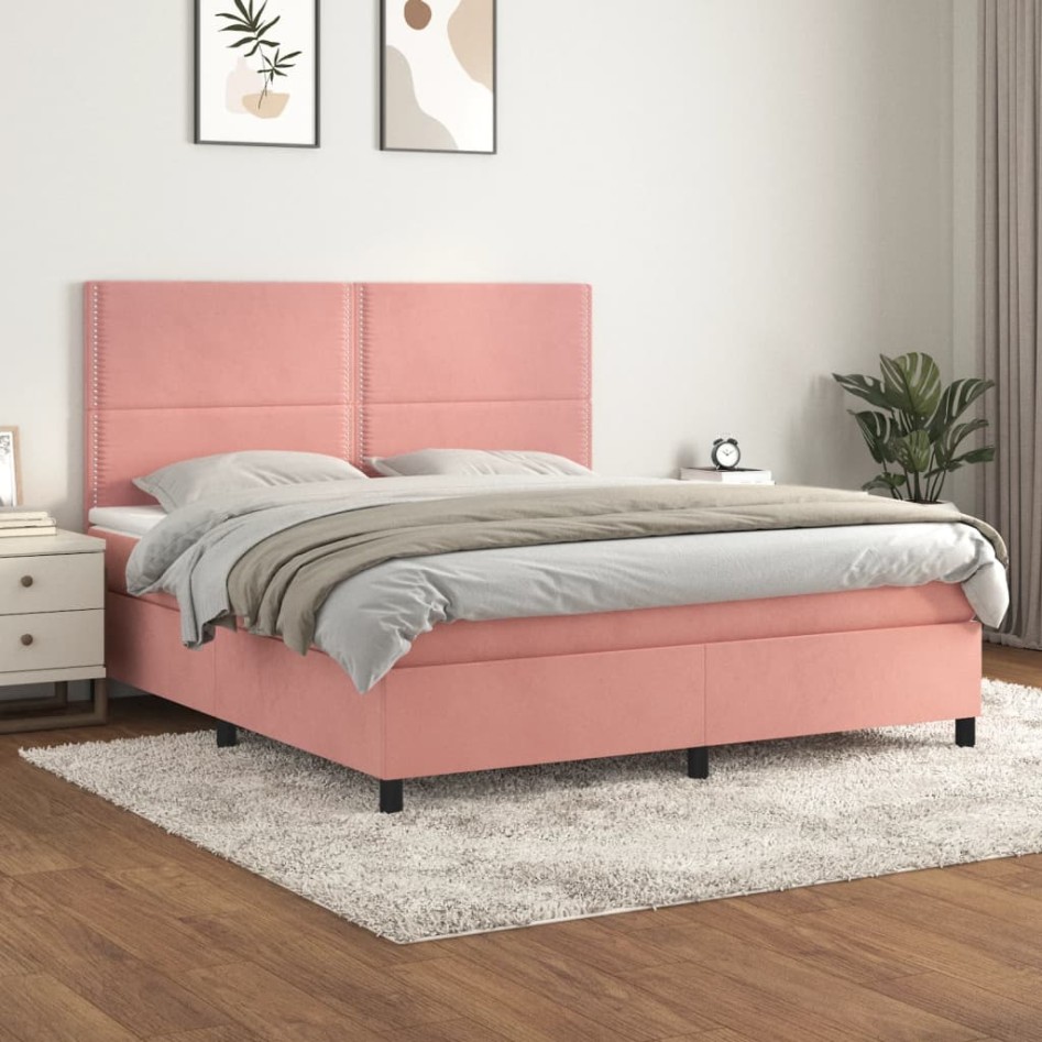 Cama box spring con colchón terciopelo rosa 180x200