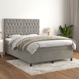 Cama box spring con colchón terciopelo gris claro 140x190
