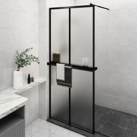 Mampara ducha con estante vidrio ESG y aluminio negro 90x195